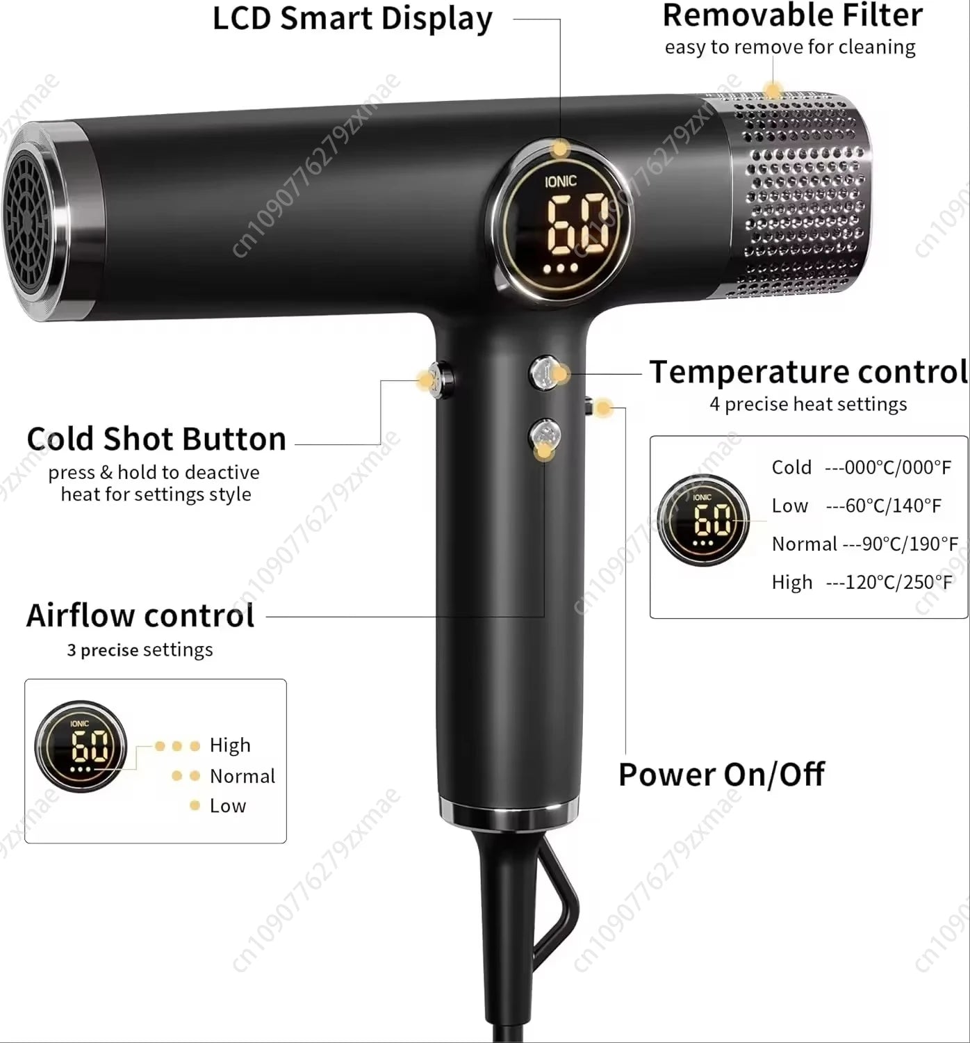 Black 1800W professional high-speed ionic hair dryer with LCD smart display, heat/airflow controls, and removable filter.