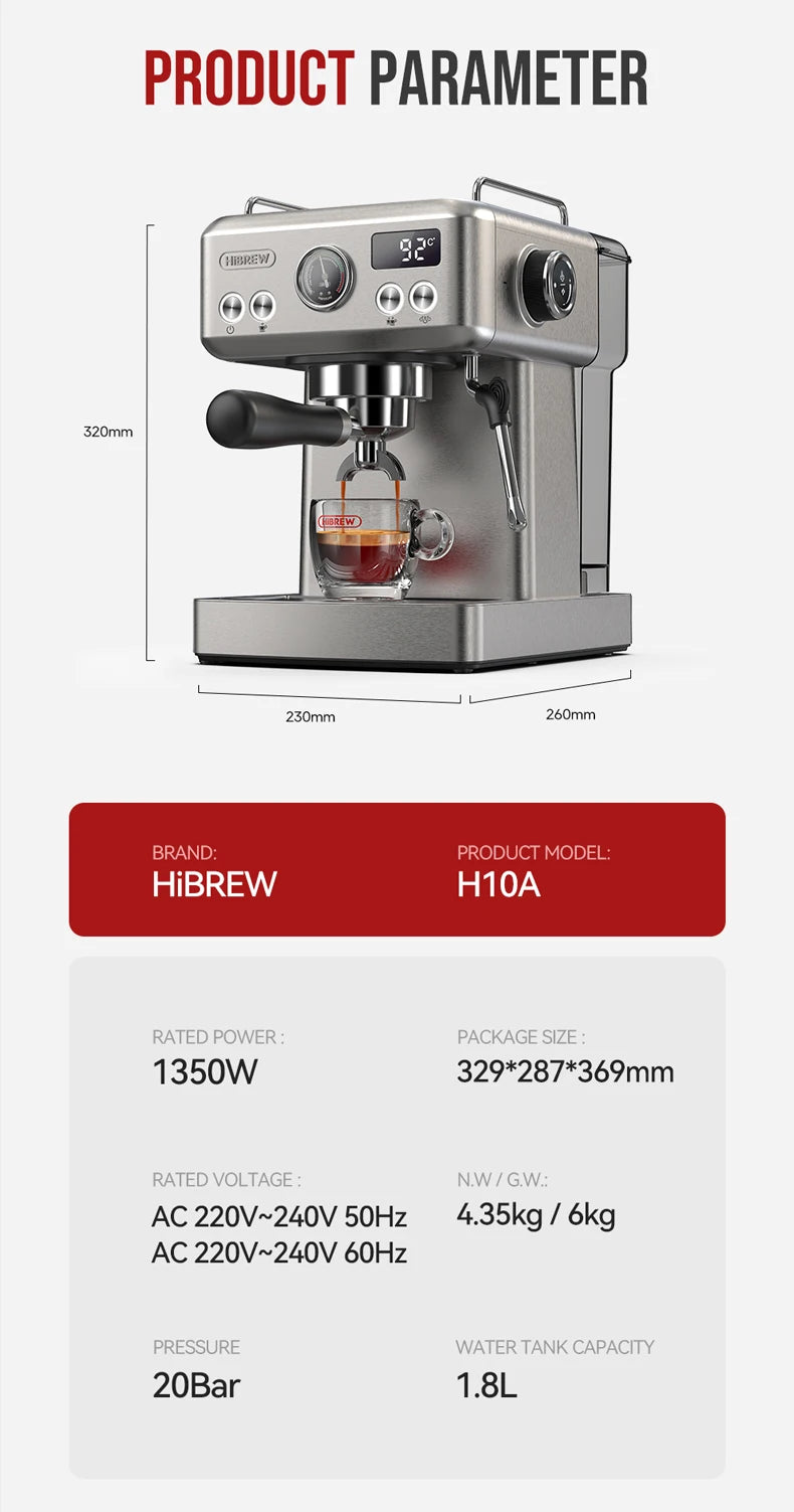 HiBREW H10A stainless steel espresso machine with digital temperature display and 1.8L water tank capacity.