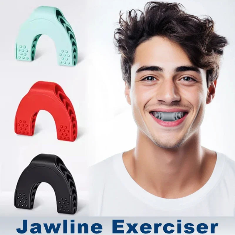 A man uses a grey jawline exerciser, with mint, red, and black versions shown as options on the left.