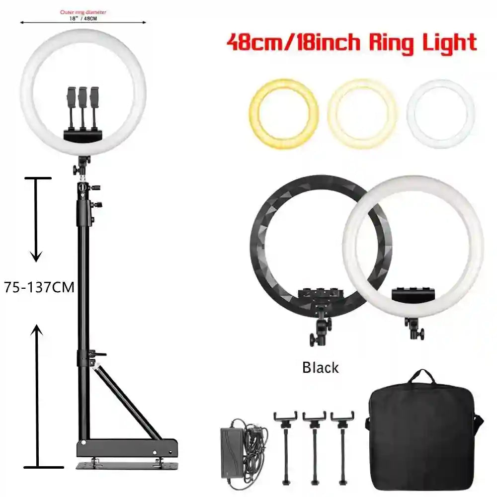 18-Inch Ring Light with Tripod Stand - Dimmable LED Studio Lighting 135 Black cm Tidesmit