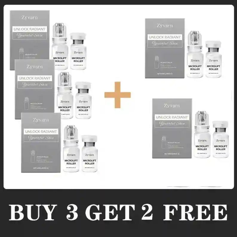 Zyvarn Micro-Infusion Serum kit featuring gray boxes and clear glass vials with rollers. Promotional text: Buy 3 Get 2.