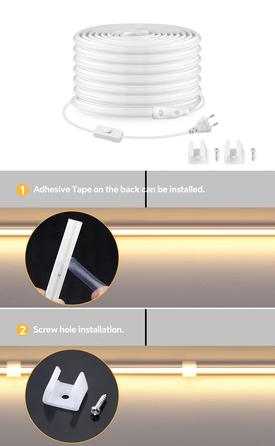 Super Bright 220V COB LED Strip with Switch FOB Tape Ribbon EU Plug 2M 5M 30M 25M 20M 15M 10M LED Lights For Kitchen Room Decor