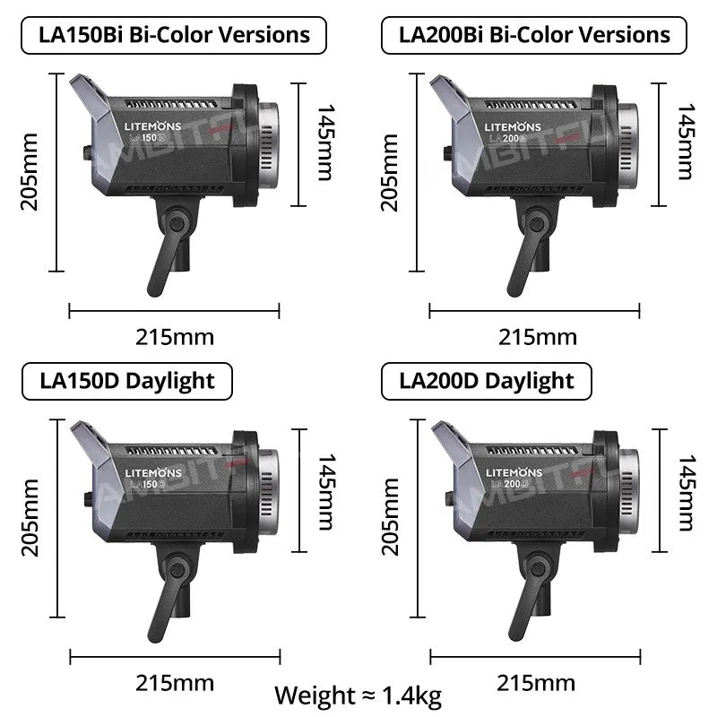 LA150 and LA200 series LED video lights with dimensions. Compact, black studio spotlights with mounting brackets.