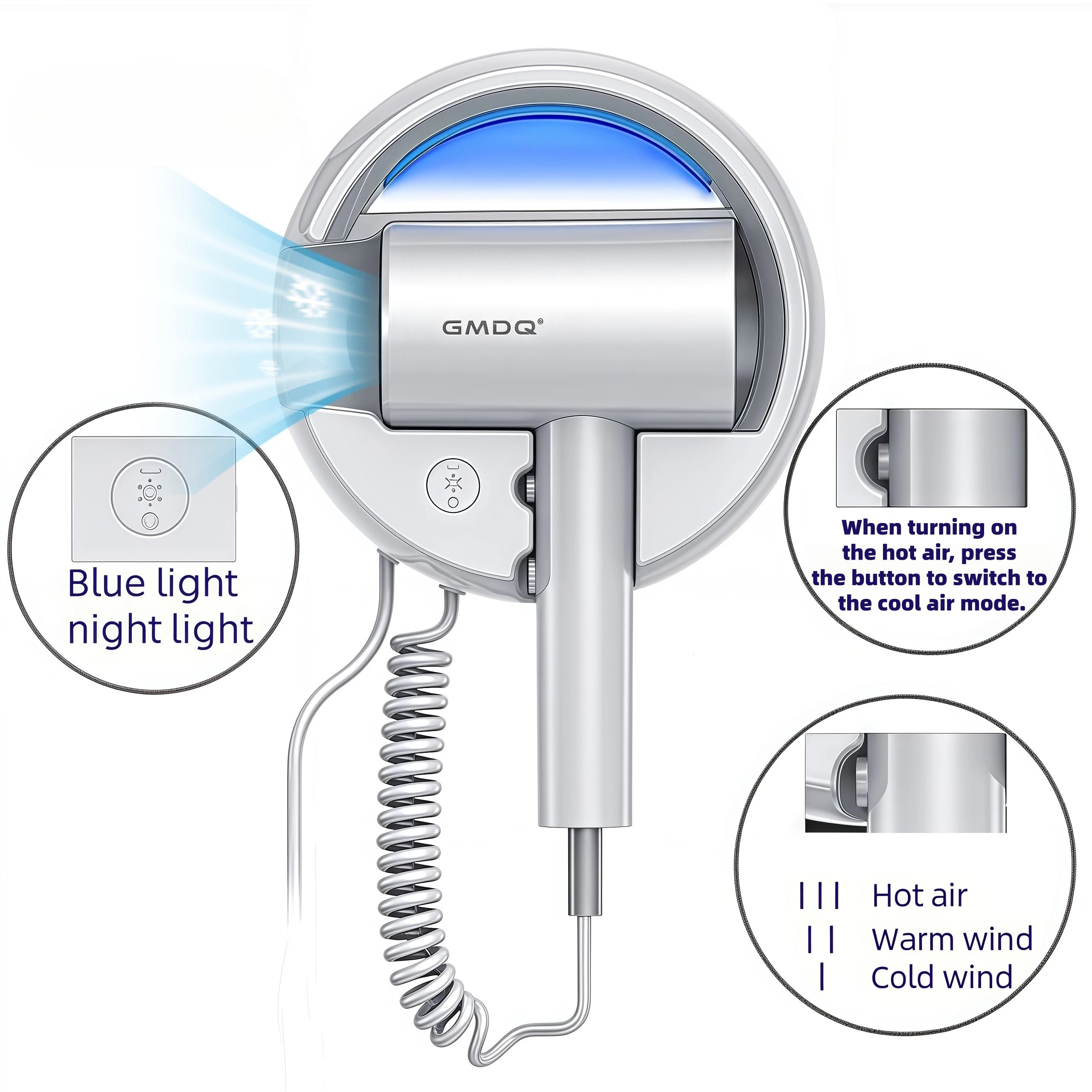 GMDQ 1800W wall-mounted hair dryer with blue light, hot/cold air modes, and 3-speed settings for home or hotel use.