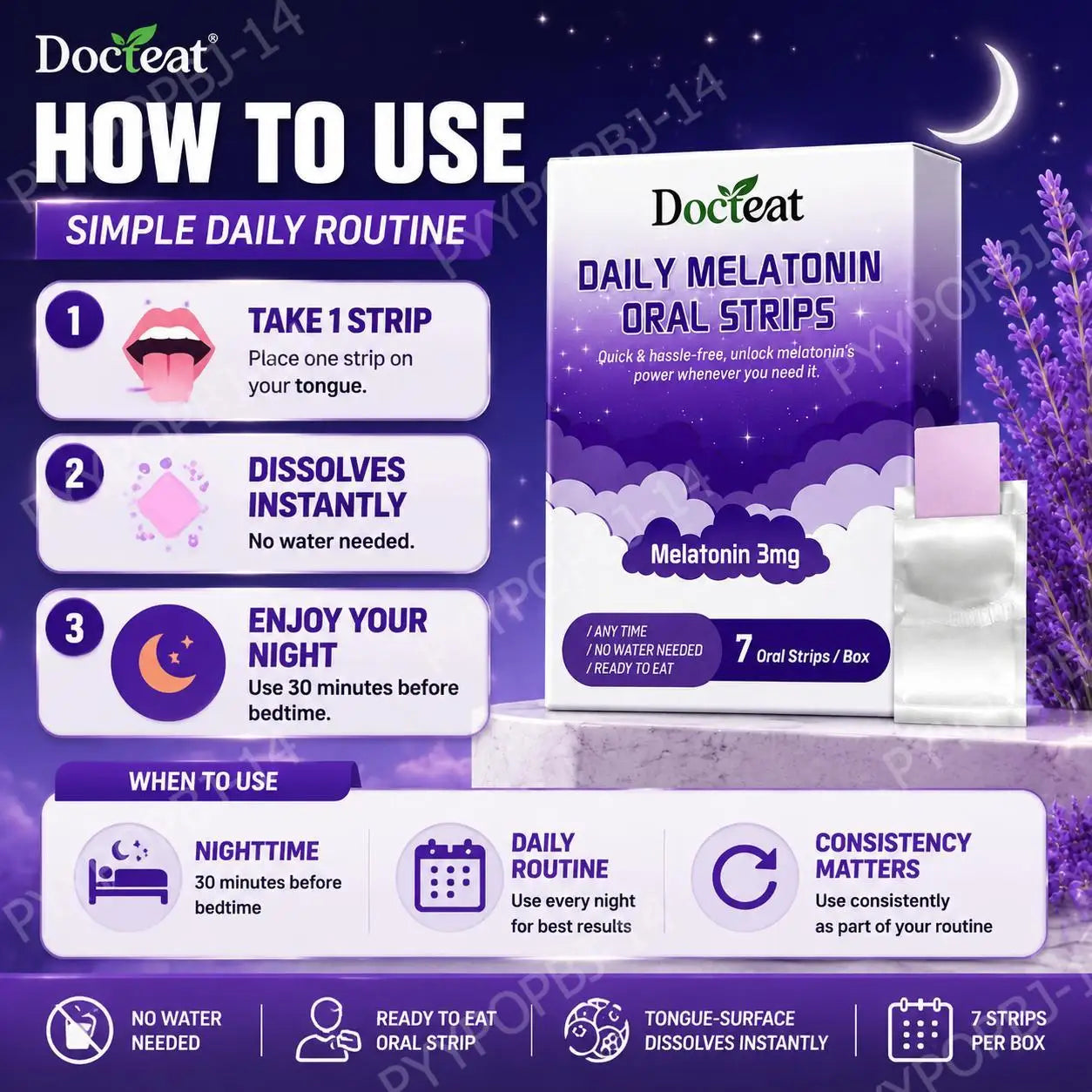 Docteat Daily Melatonin Oral Strips with Vitamin B6 No Water Needed Ready To Eat Dissolving Faster Sleep Onset 7 Oral Strips