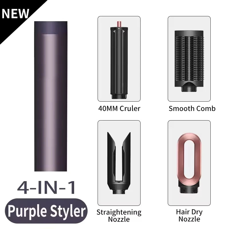 SenCiciMen 4-in-1 purple hair styler set with curling barrel, smooth comb, straightening, and hair dryer nozzle.