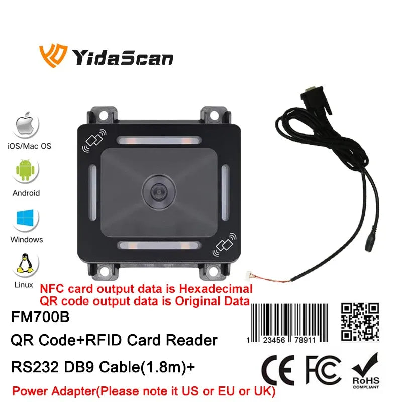 FM700B QR code + RFID card reader with RS232 DB9 cable and barcode/QR label
