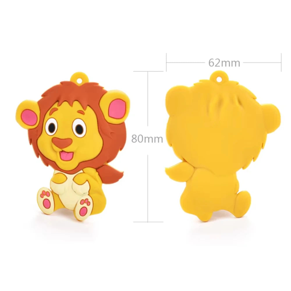 Yellow and brown lion silicone baby teething toy for soothing gum pain.