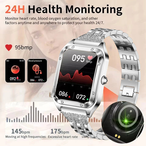 Silver women’s smart watch with heart-rate style display and rhinestone metal strap