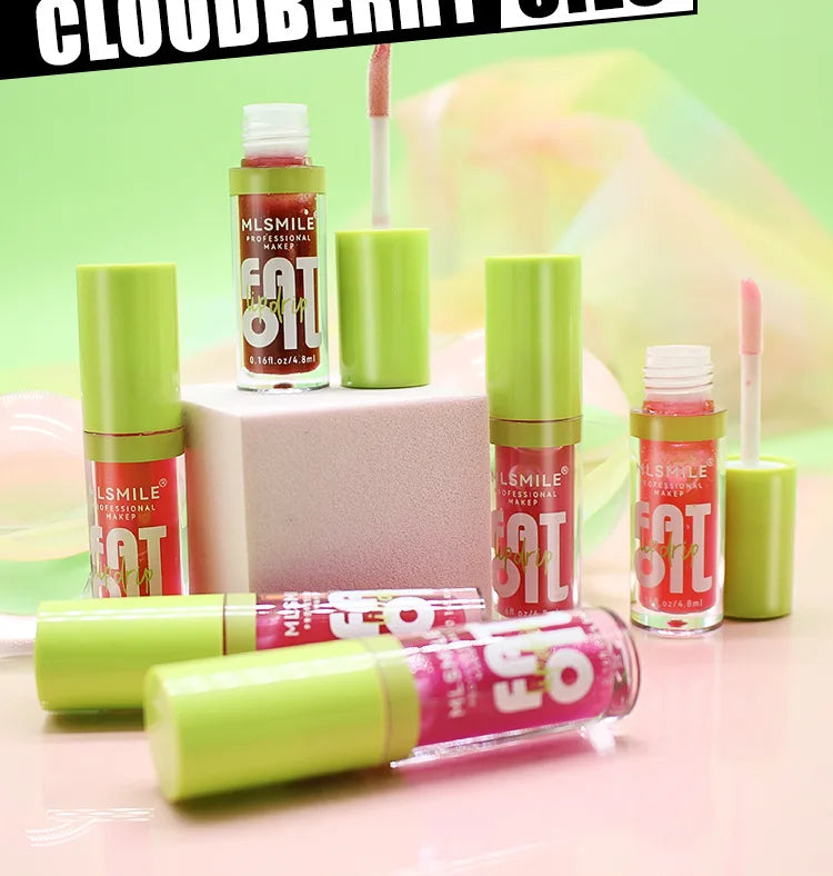 MLSmile moisturizing glitter lip gloss and plumper set with hydrating, shimmery pink liquid formula and green lids.