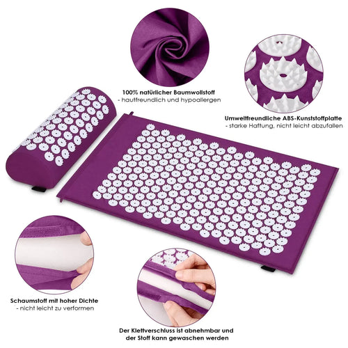 Acupressure mat and pillow set, side angle view of purple smart yoga mat with needle applicators for back and neck pain.