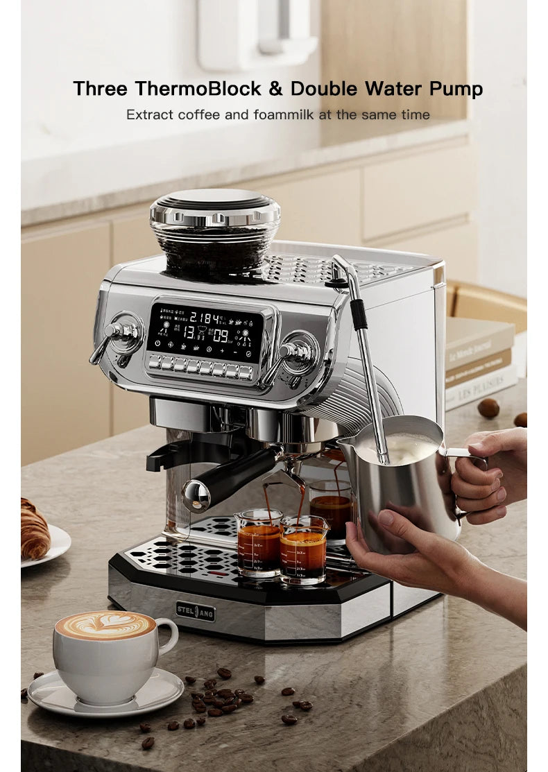 Stelang silver chrome espresso machine with digital display and integrated milk frother making dual shots of coffee.