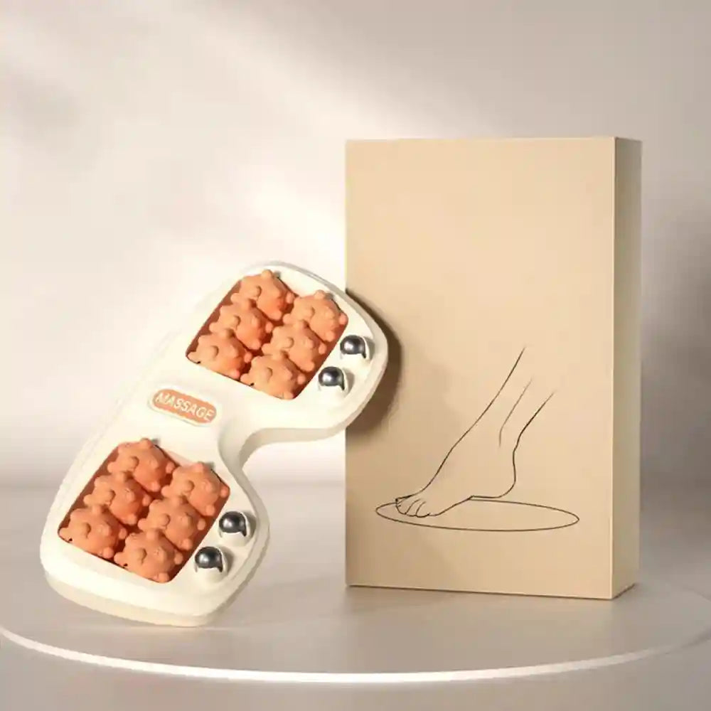Tri-color foot roller massager with magnetic beads and multi-point massage rollers for home foot therapy relief.