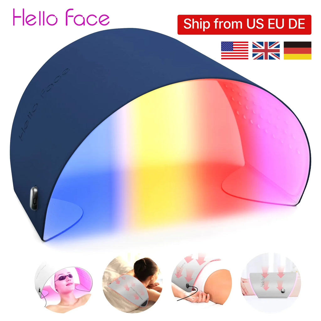 Navy blue, arched LED light therapy device emitting a gradient of blue, yellow, and red light for facial or body use.
