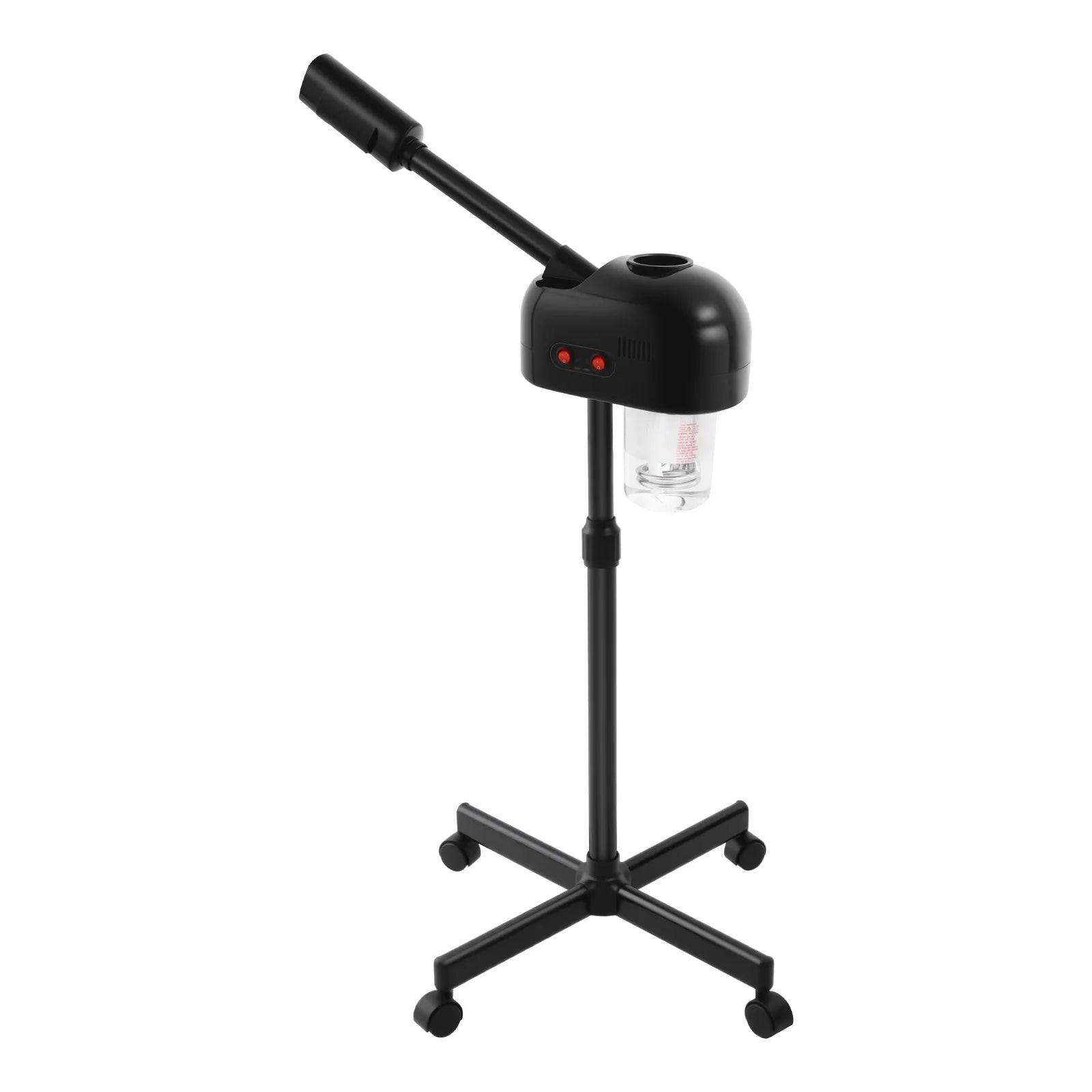 Black 750ml professional facial steamer on adjustable rolling stand for home spa skin care and deep cleaning treatment.