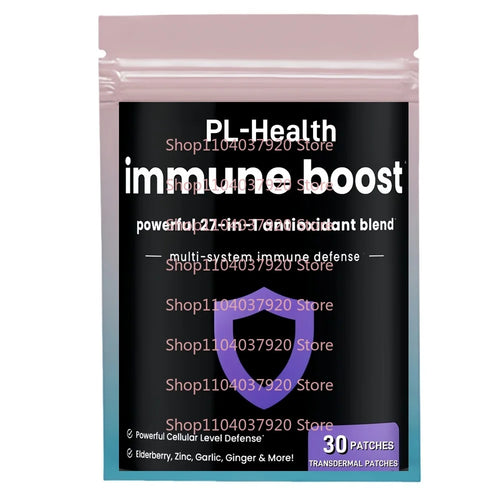 Pink and blue pack of 30 immune support elderberry supplement patches for daily immune defense.
