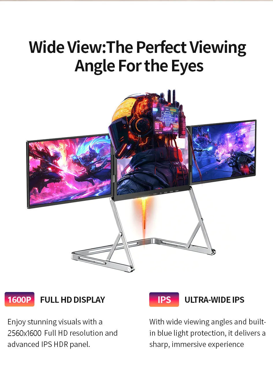 Sibolan 16" 2.5K Three Screen Portable Monitor 60Hz 100% sRGB Metal Body HDMI USB-C Plug Laptop Display Extender For Wins Mac OS