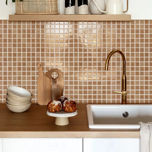 Peel-and-stick square mosaic wall tile stickers, warm beige 3D grid pattern