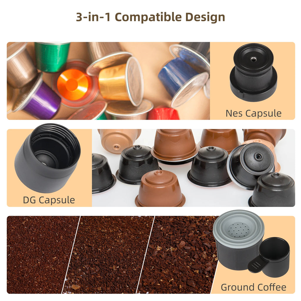 3-in-1 coffee maker adapter set: black plastic inserts for Nespresso, Dolce Gusto capsules, and ground coffee.