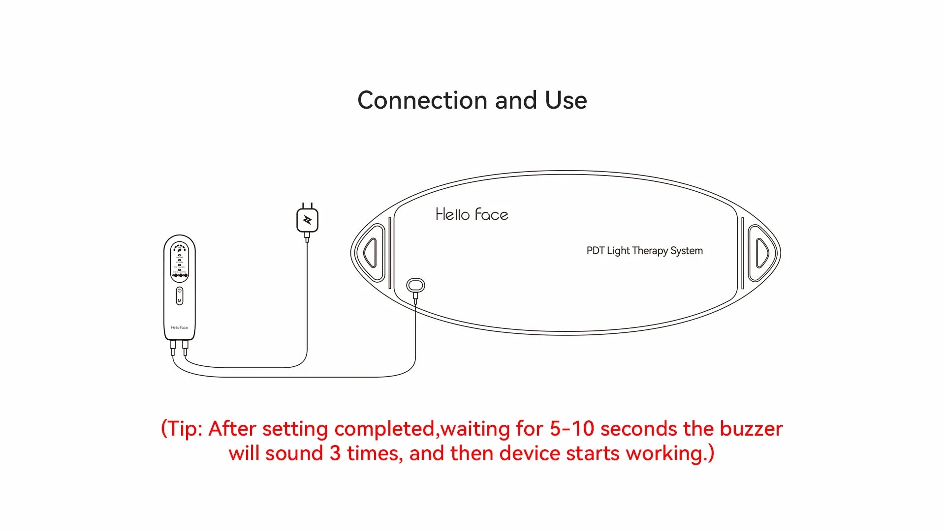 Line drawing showing the connection of the Hello Face L6 LED therapy device to its remote controller.