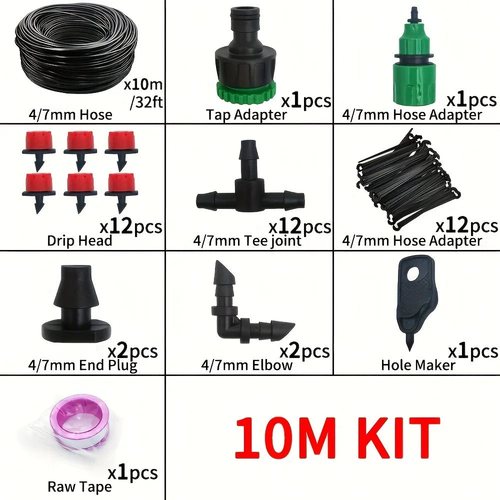 Water-saving drip irrigation kit set with black tubing and connectors, 10M length