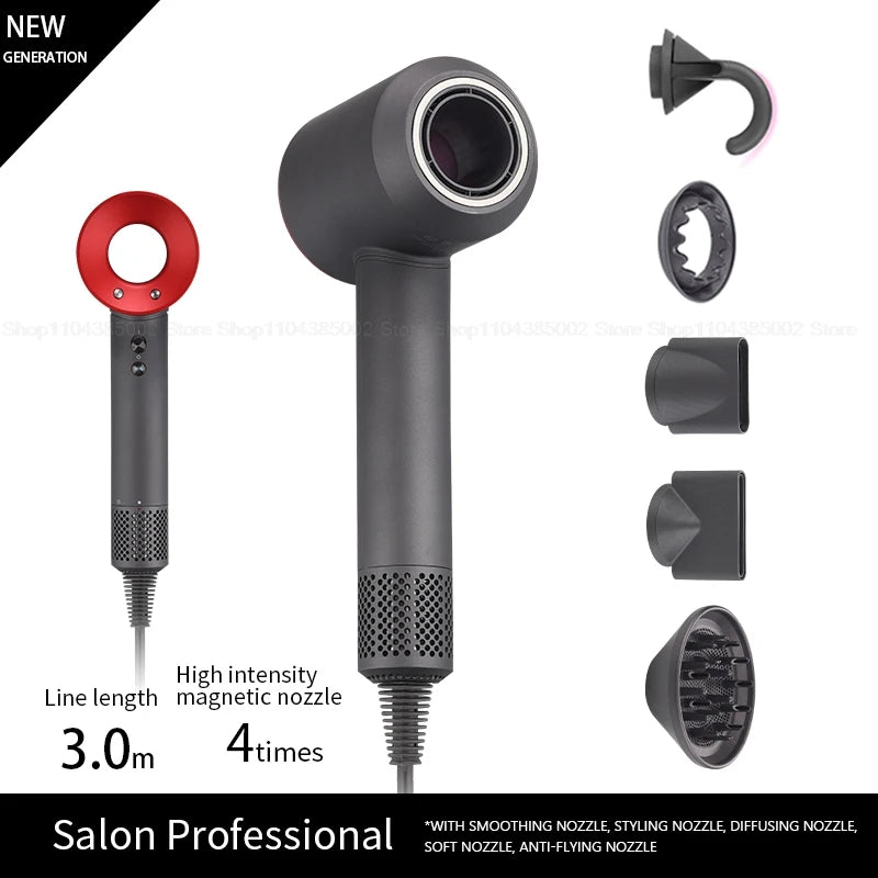 Grey leafless hair dryer with red accents, negative ion technology, 5 magnetic styling attachments, and 3m power cord.