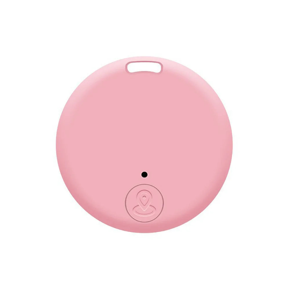 Pink mini Bluetooth GPS pet tracker to prevent lost pets, luggage, or keys with real-time location finding.