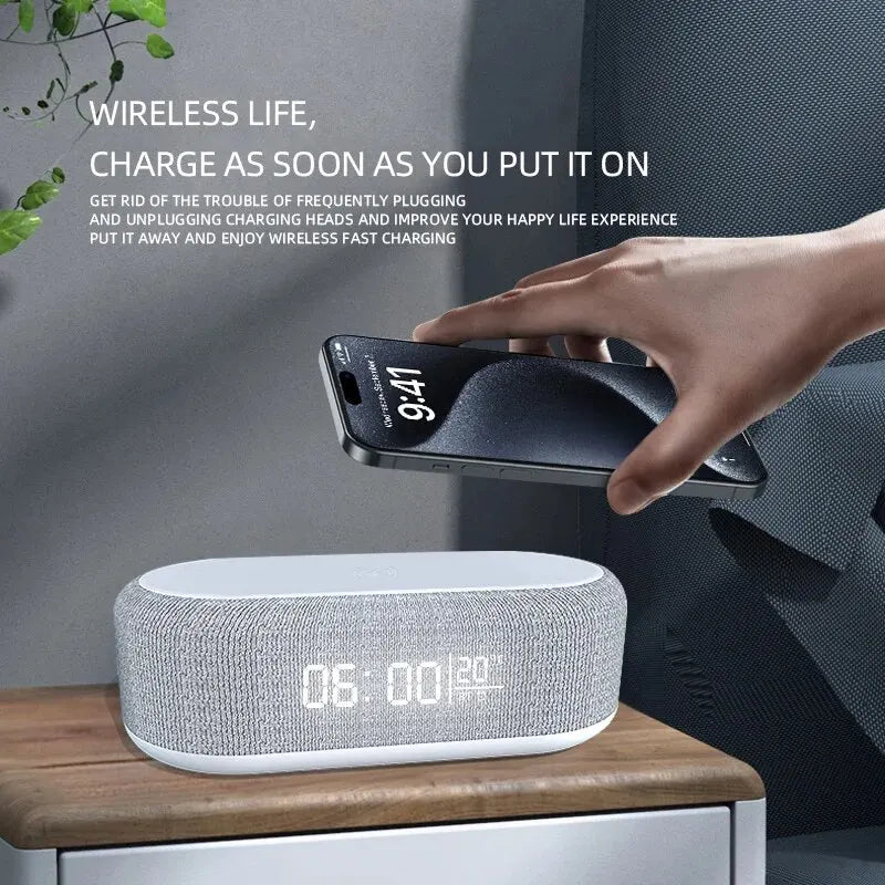 Portable Bluetooth Speaker with Wireless Charger and Alarm Clock - White Tidesmit