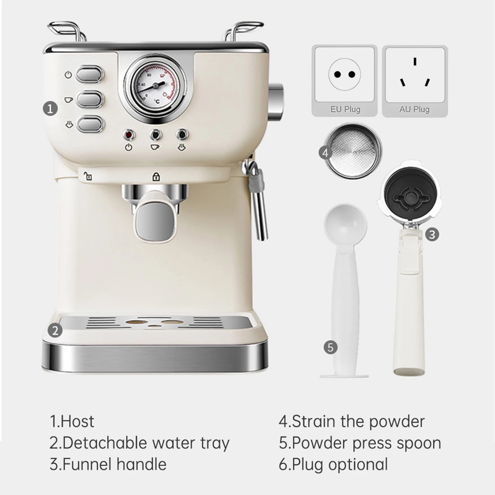 Cream-colored espresso coffee machine with vintage pressure gauge, removable drip tray, portafilter, and measuring scoop.