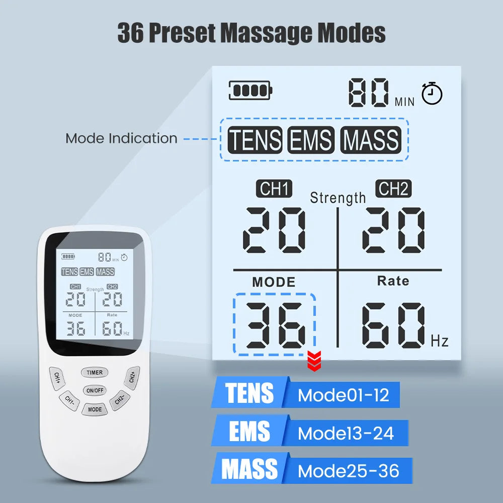 TENS Unit Muscle Stimulator - 36-Mode Portable Rechargeable Massager Body Shaping Massage Equipment Tidesmit