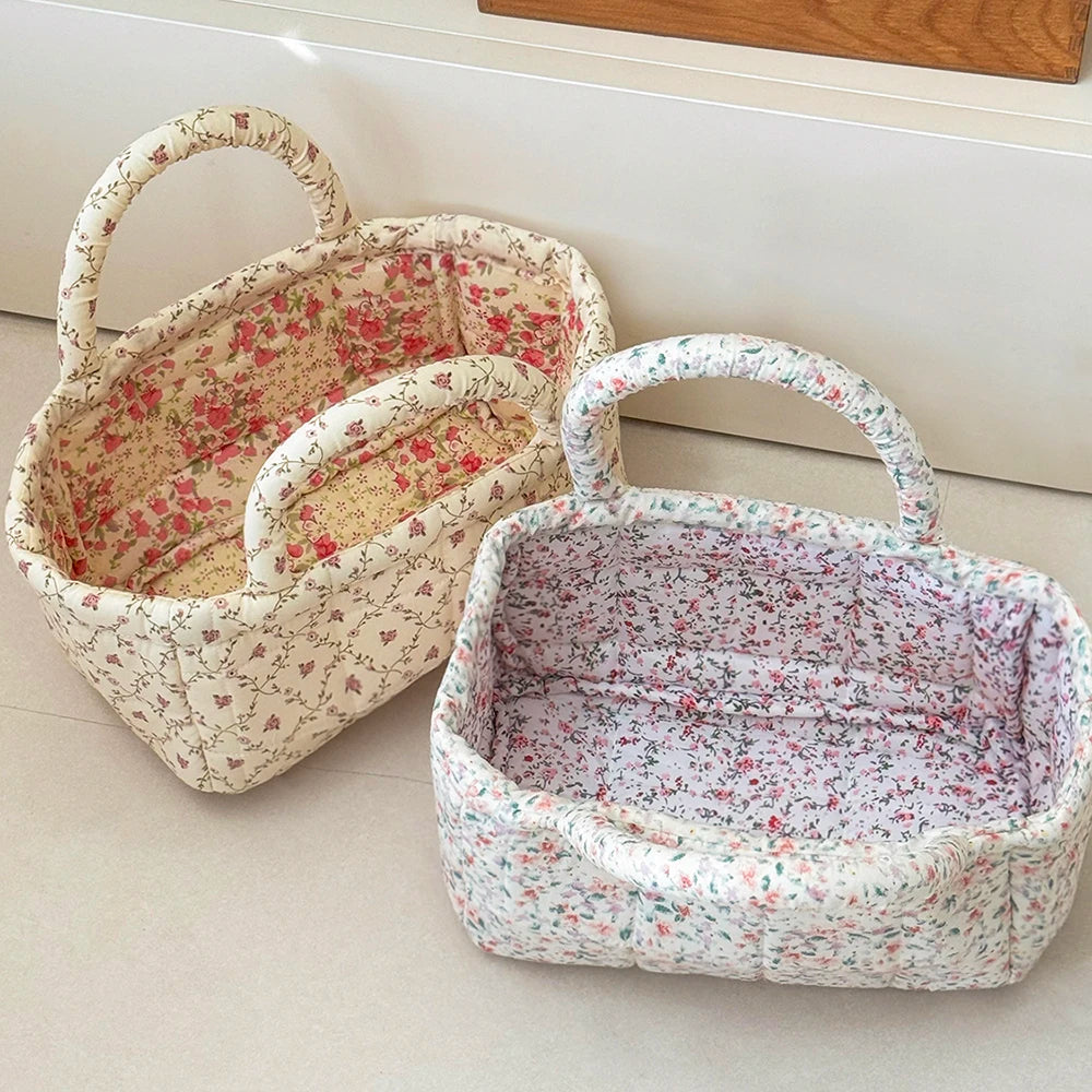 Airfriend Cute Pink Flower Organizers Basket With Handle Home Room Quilted Foldable Storage Basket For Pet Toys Organizer Basket