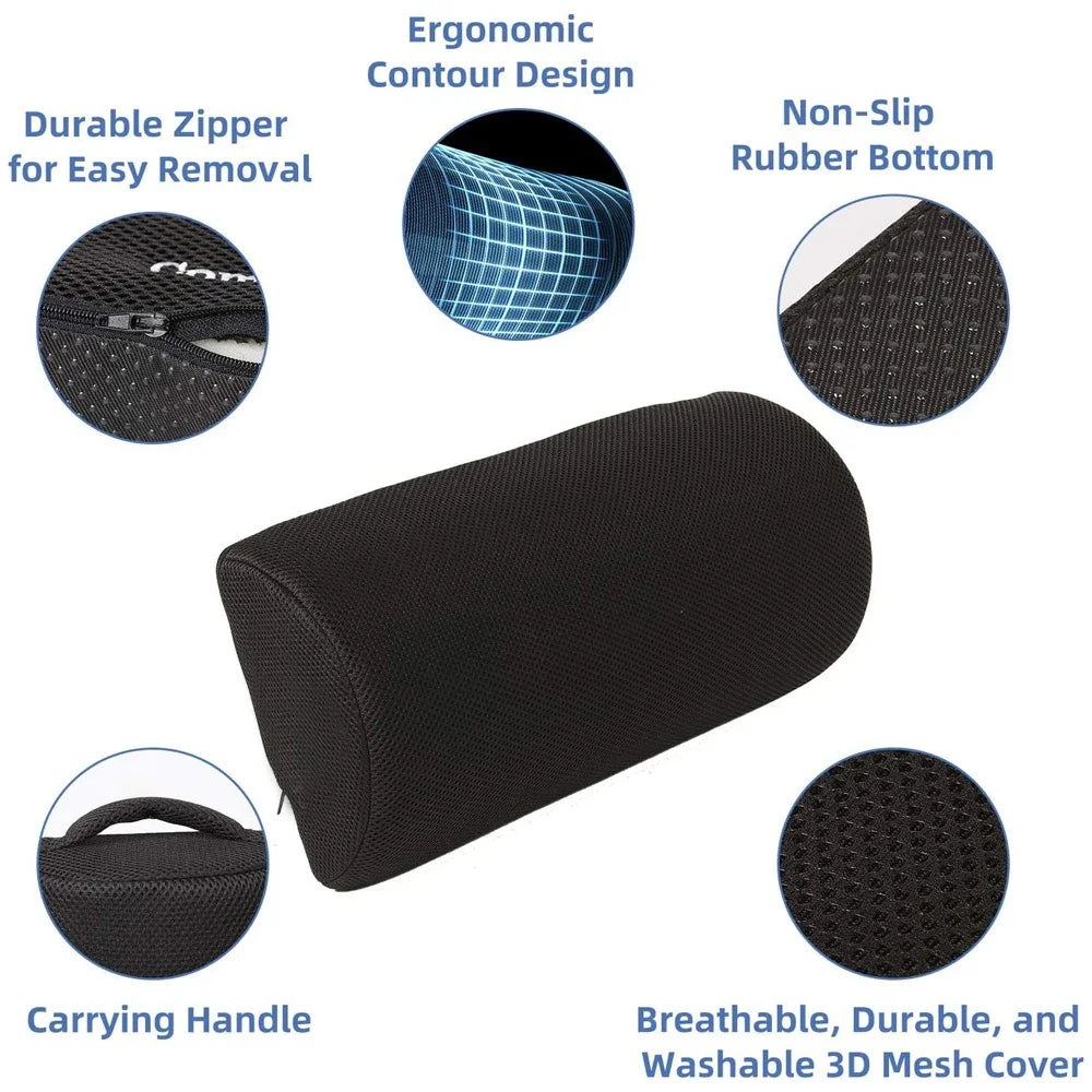 Black ergonomic under-desk foot rest with memory foam, non-slip base, handle, and washable breathable 3D mesh cover.