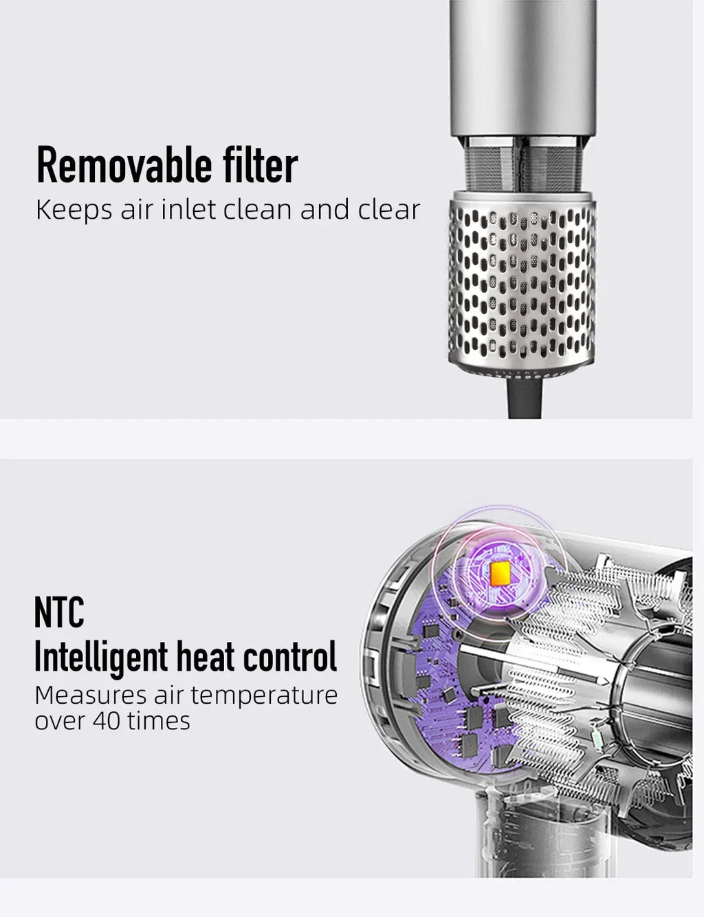 Silver high-speed hair dryer with removable filter and NTC intelligent heat control for professional hair care.