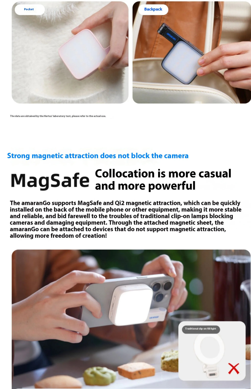 Small square magnetic LED light for smartphones, shown in white and black, being held and attached to a phone.