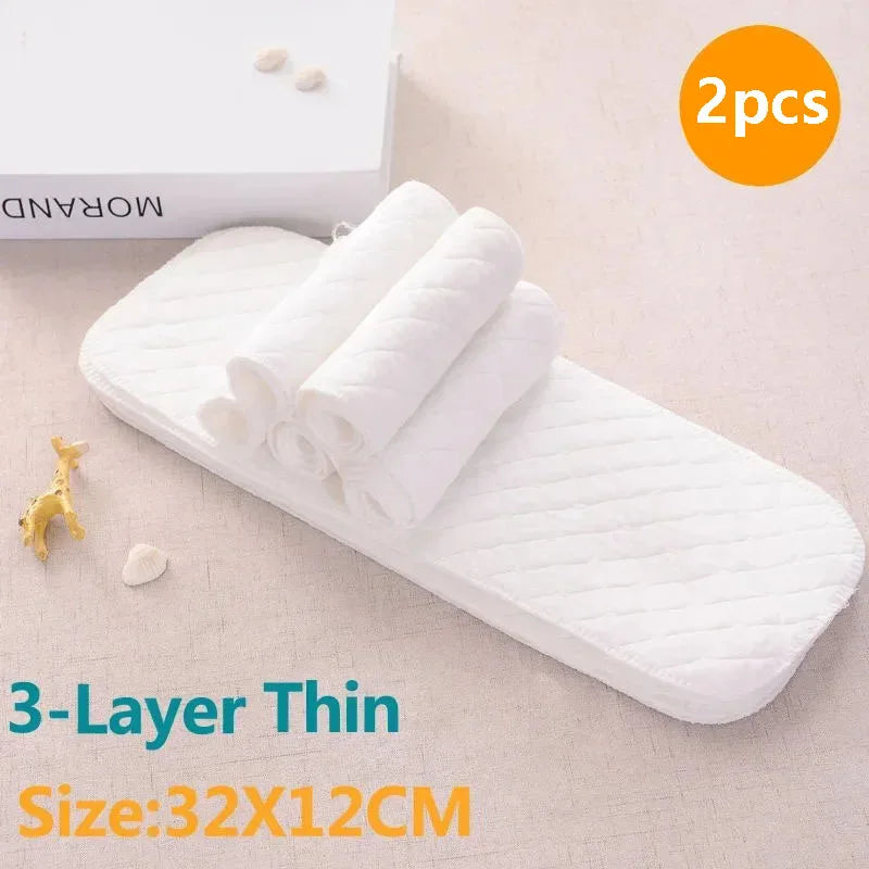 2-pack white 3-layer thin diaper inserts, 32x12cm, soft baby care absorbent pads for reusable cloth diapers.