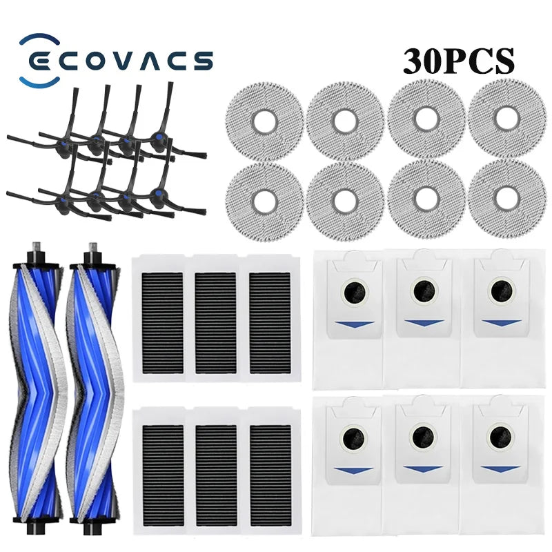 Tidesmit replacement parts kit for Ecovacs X5 OMNI and X5 PRO OMNI robot vacuum cleaner showing bags filters and brushes
