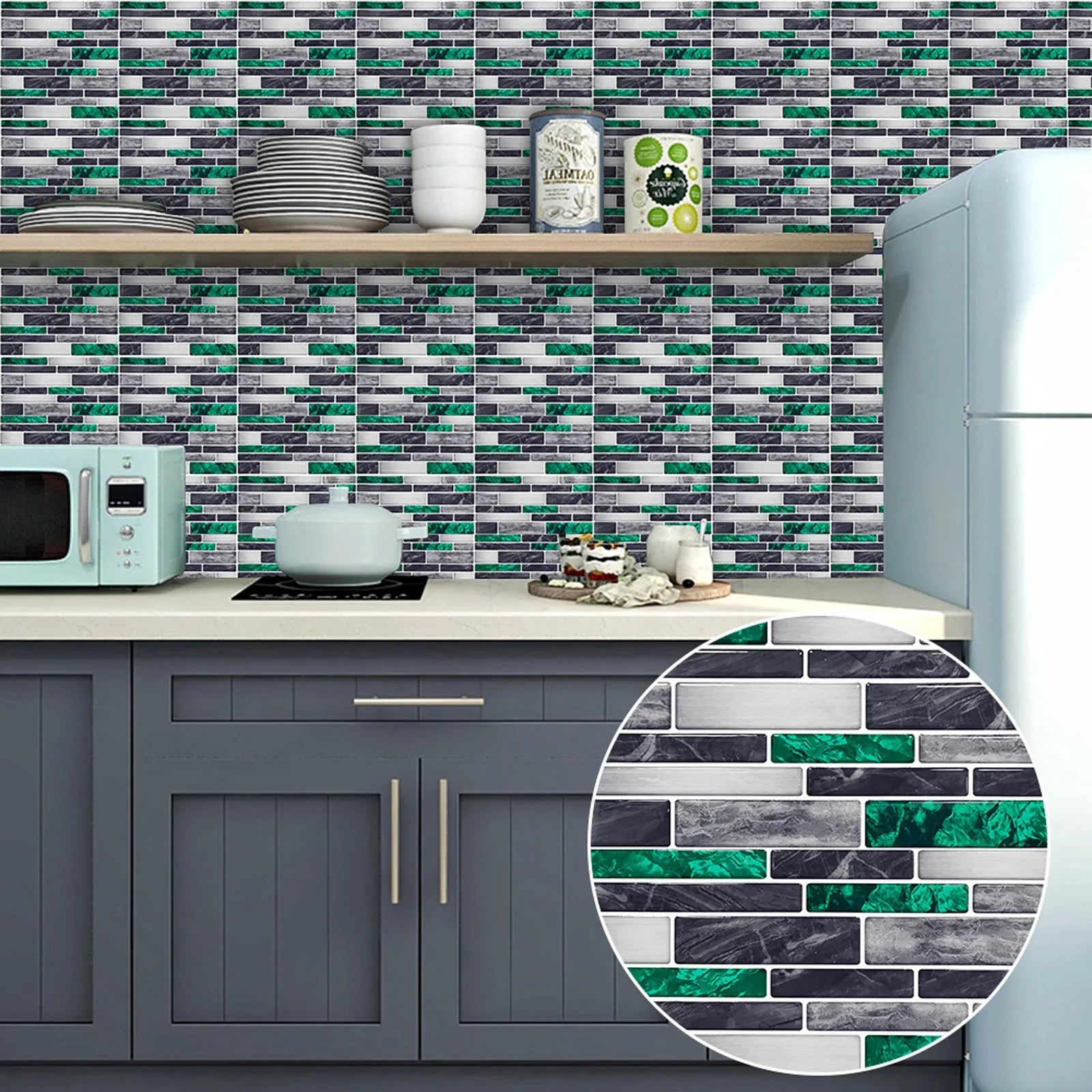 Self-adhesive 3D mosaic tile backsplash stickers with gray tiles and green stripe details