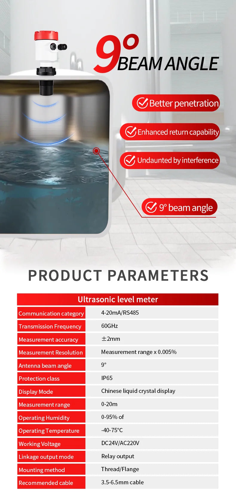 Factory Sale 3m 10m 5m to 4-20mA RS485 Ultrasonic Level Sensor For Water Oil Tank Ultrasonic Level Measuring Sanitary Olive Oil
