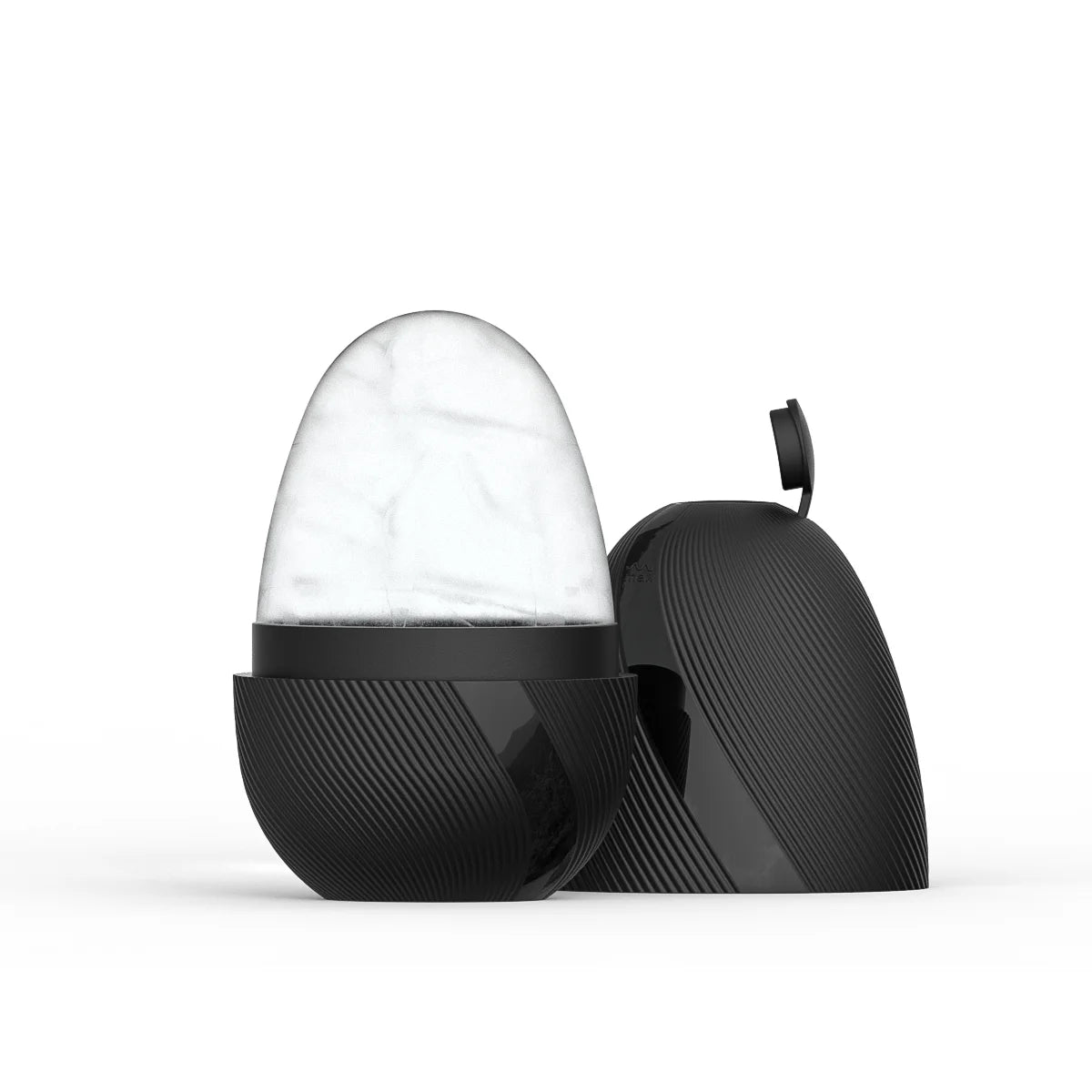 A black egg-shaped facial ice roller with a textured base and a removable cap, revealing a clear dome of ice.