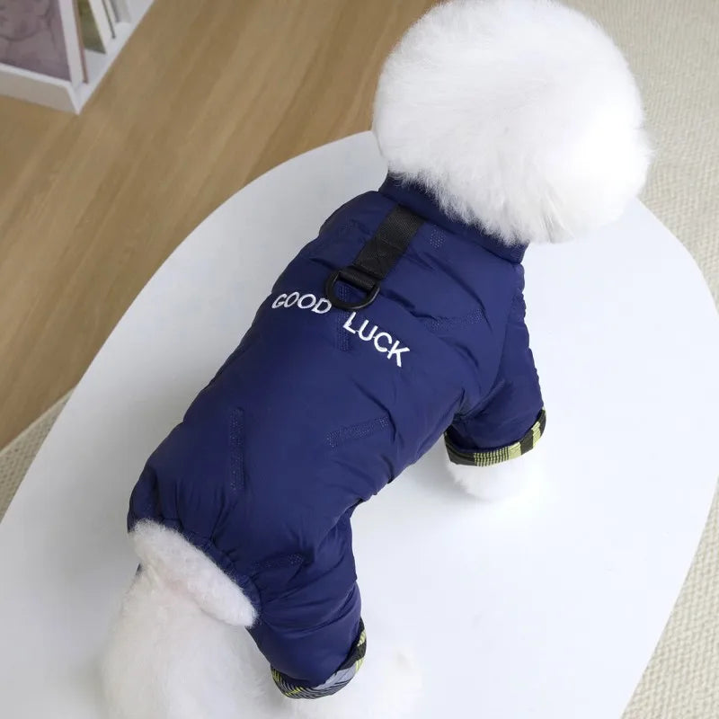 Small white dog wearing a navy blue waterproof winter jumpsuit with integrated harness for warm outdoor protection.