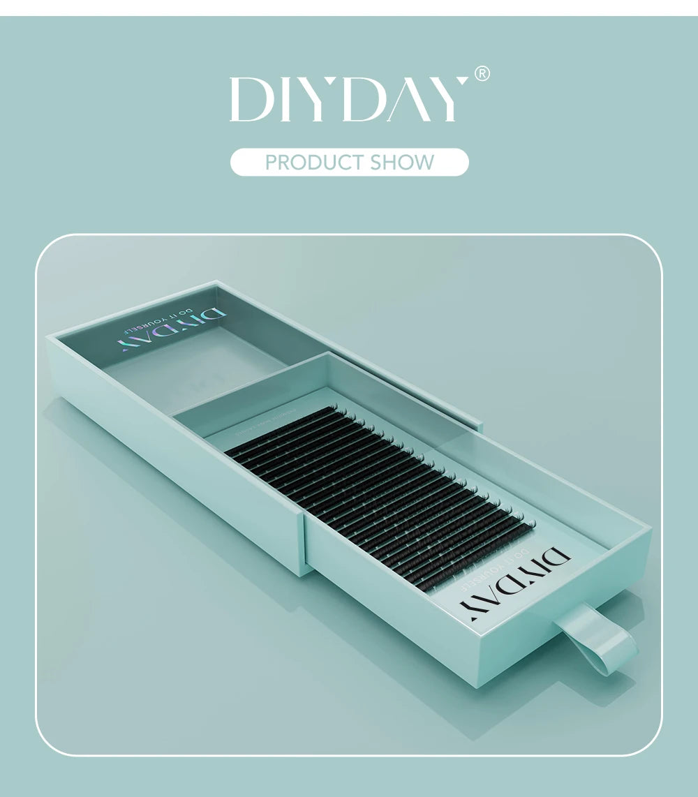 DIYDAY 16-row black mink individual eyelash extension tray in a slide-out pastel blue storage box.