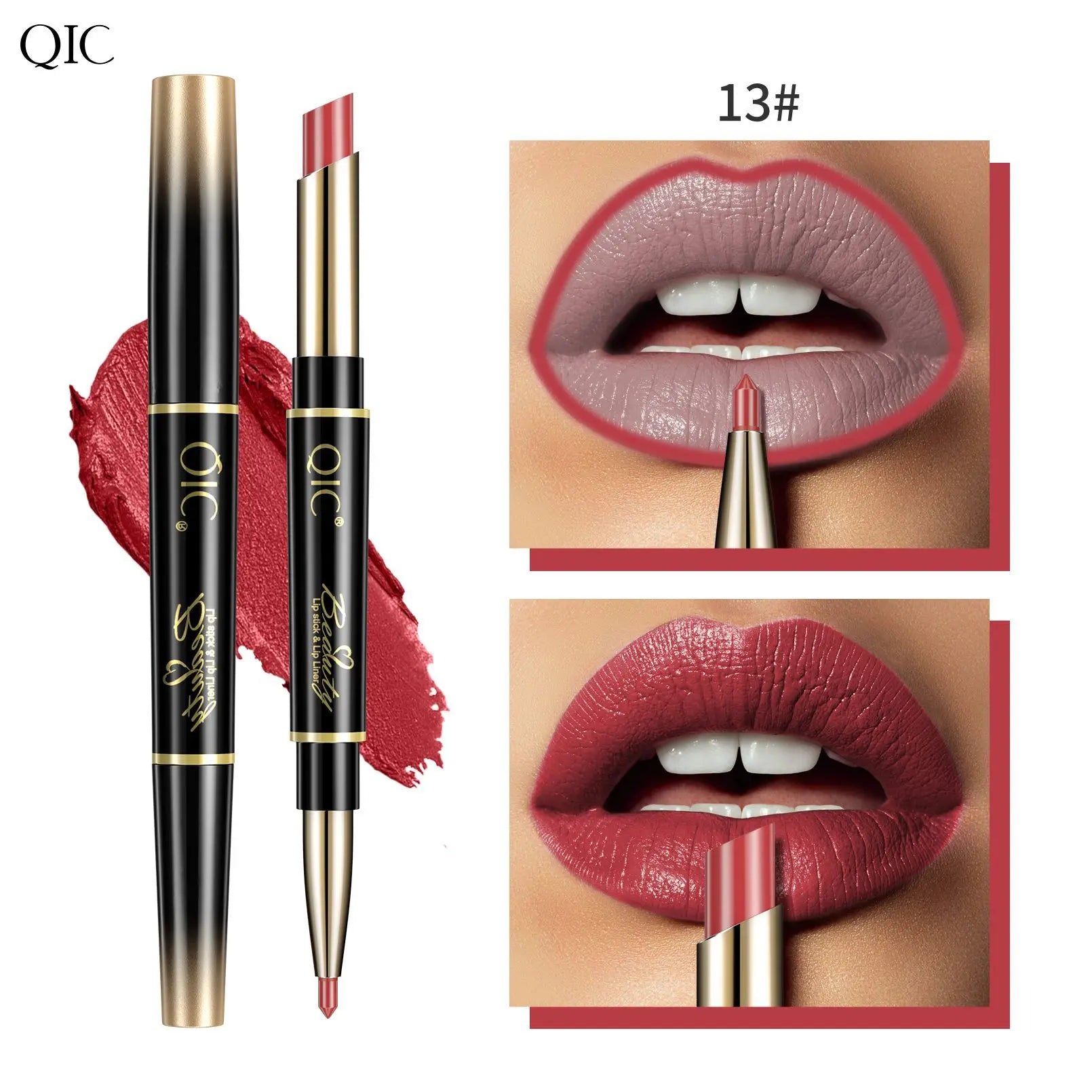 2-in-1 waterproof matte lipstick and lip liner pencil in red, showing long-lasting lip makeup application.