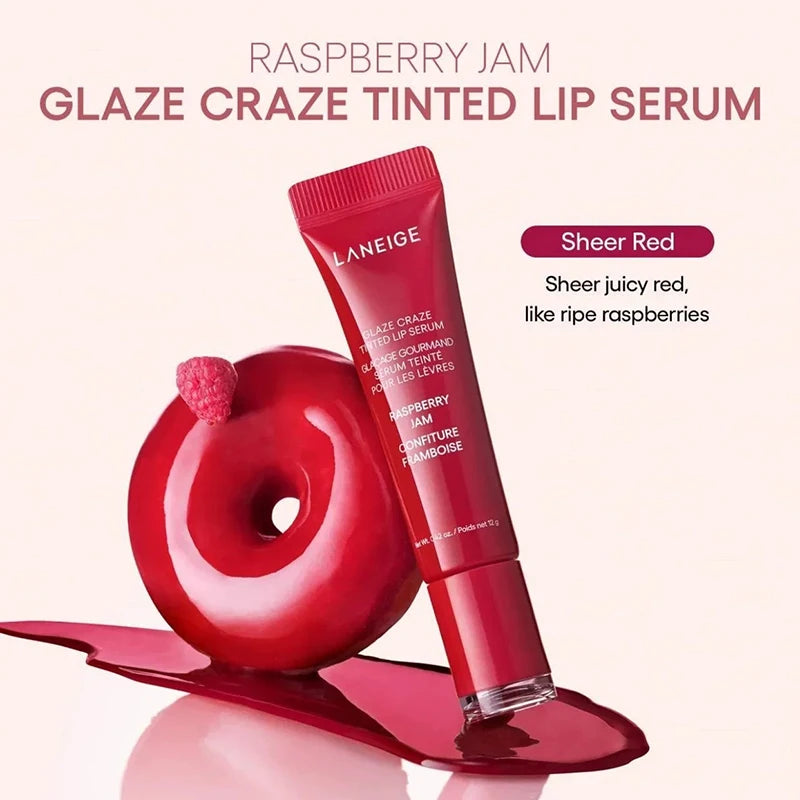 Laneige Glaze Craze tinted lip serum in Raspberry Jam, a glossy, hydrating red plumping lip treatment with donut decor.