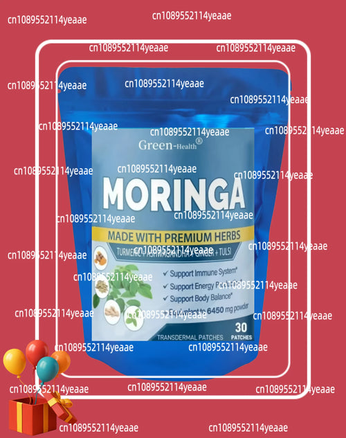 Blue pouch of 30 Green-Health Moringa & Ashwagandha adaptogen patches for stress relief and energy support.