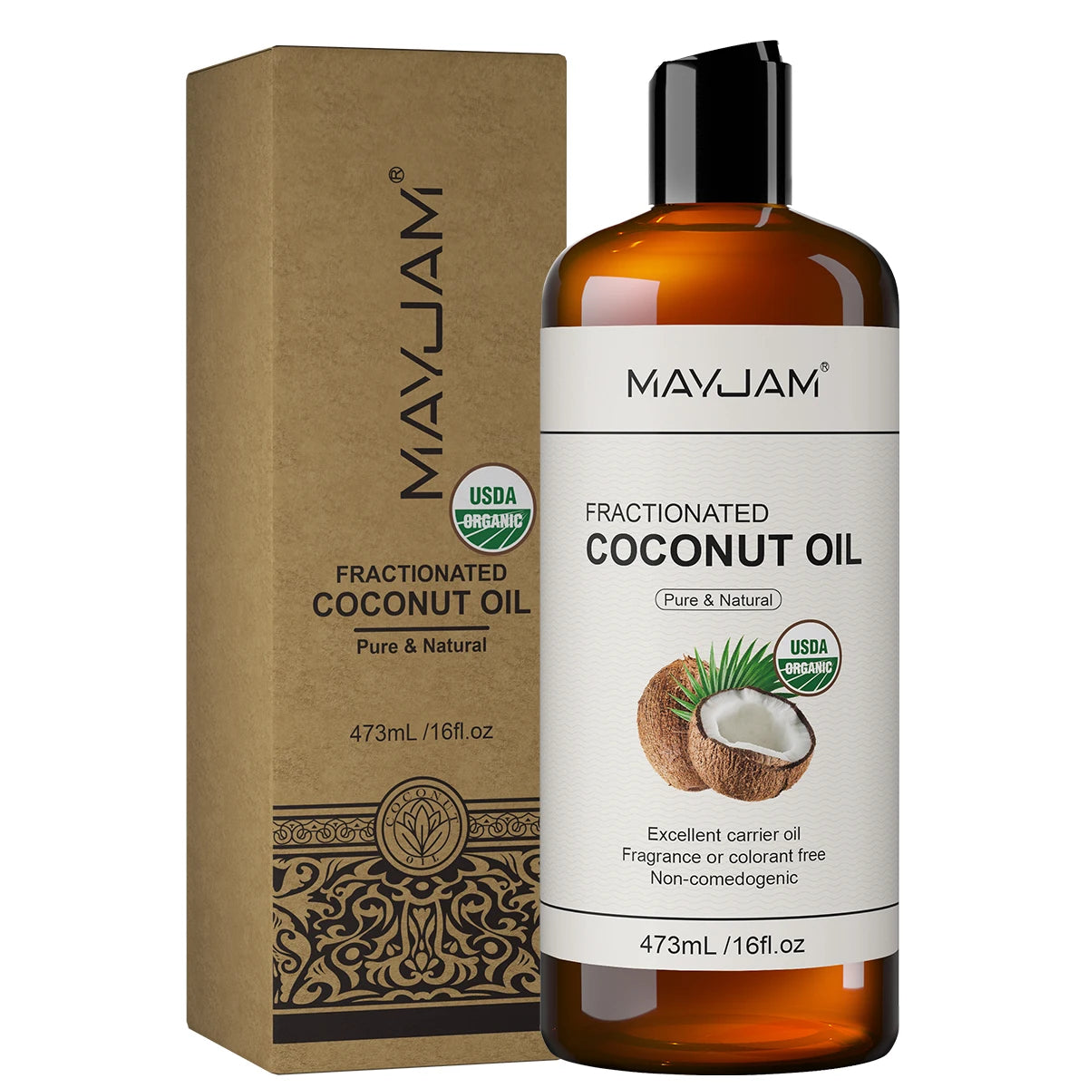 Fractionated coconut oil bottle with kraft box, amber liquid, 473 mL, pure & natural