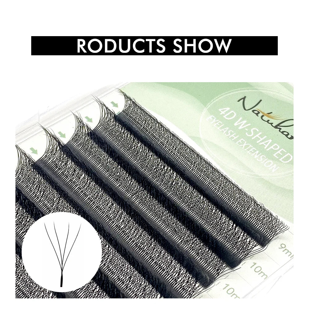 Black 4D W-shaped premade volume eyelash extension fans arranged in rows on a labeled lash tray.