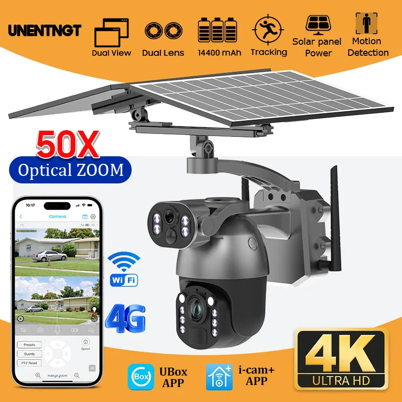 Dual-lens PTZ solar security camera with 50x optical zoom, wireless outdoor wall mount