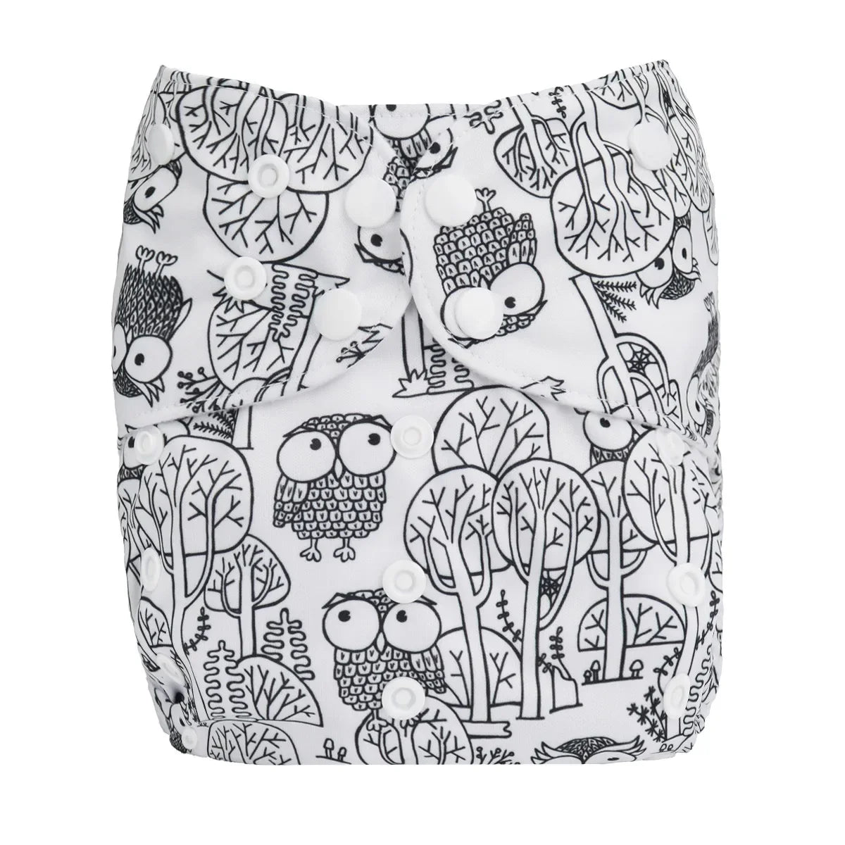 Reusable cloth diaper with black and white owl forest print and snap button closures for baby care.