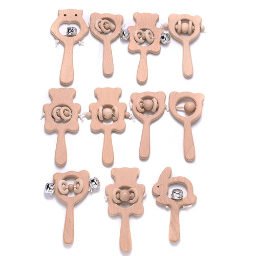 Natural wood baby teething rattle toys in tan for infant teething relief.