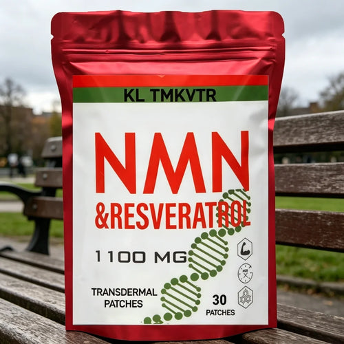 1100mg NMN & Resveratrol anti-aging transdermal patches in a red resealable pouch, 30 count.